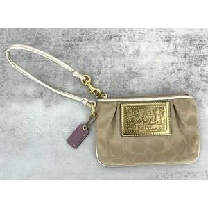 Coach Poppy Signature C Khaki Gold Metallic Leather Trim Wristlet